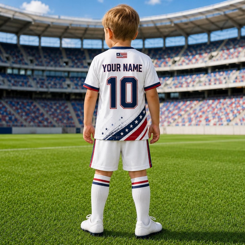 A young boy wearing a white soccer jersey with the text "YOUR NAME 10" and an American flag design on the back, standing on a soccer field.