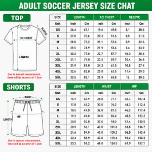 The image is a detailed size chart for an adult soccer jersey, providing measurements for different sizes such as top, size, length, chest, sleeve, and shorts. The chart includes both numerical and textual information, allowing for accurate measurements and easy comparison of sizes. Due to the nature of the image, I cannot provide specific details about the content or context, but it is a standard size chart for soccer jerseys.