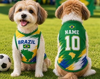 Custom Brazil Pet Jersey, Personalized Soccer Outfit for Dogs Cats, Brazil Football Mess Jersey Name Number,Cute Puppy Sportswear Pet Jersey