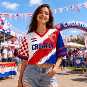 A smiling woman wearing a red, white, and blue Croatia jersey stands in front of a crowd at an outdoor event.