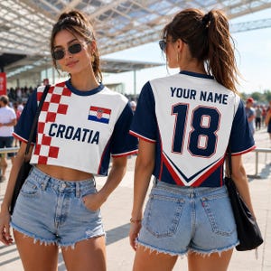 A woman wearing a Croatia soccer jersey with the number 18, sunglasses, and denim shorts stands in front of a crowd.