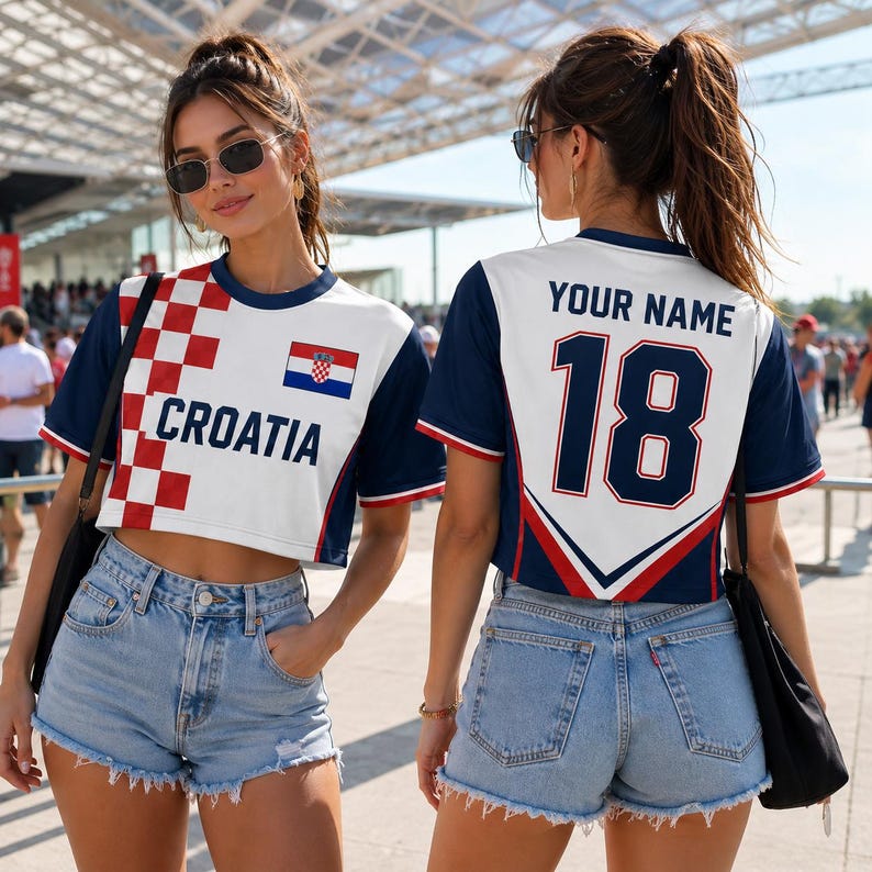 A woman wearing a Croatia soccer jersey with the number 18, sunglasses, and denim shorts stands in front of a crowd.