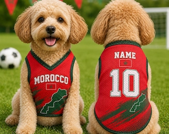 Custom Morocco Mess Pet Jersey, Personalized Soccer Outfit for Dogs Cats, Morocco Football Mess Jersey Name Number, Puppy Sports Pet Jersey
