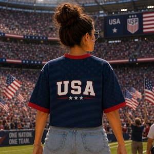 A woman wearing a blue shirt with the word "USA" on it stands in a crowded stadium, holding an American flag.