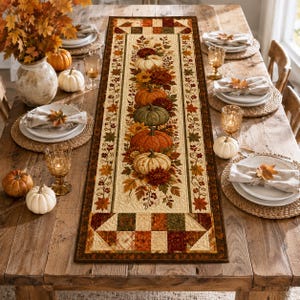 May include: A rectangular fabric table runner featuring a central panel with a printed design of stacked pumpkins, autumn leaves, and flowers, bordered by a dark brown frame and geometric patchwork ends in shades of orange, red, and green.