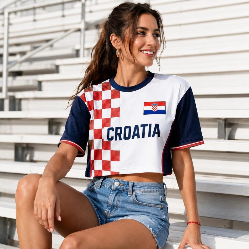 A woman wearing a white and red Croatia jersey is sitting on bleachers, smiling and looking to her left.