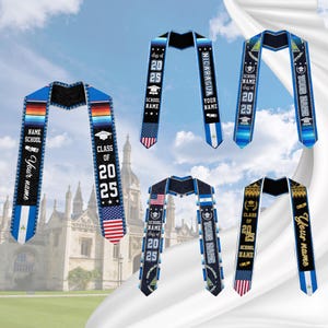 May include: Six graduation sashes in blue, black, and white with gold accents. The sashes feature the text "Class of 2025", "School Name", "Your Name", and "Nicaragua".