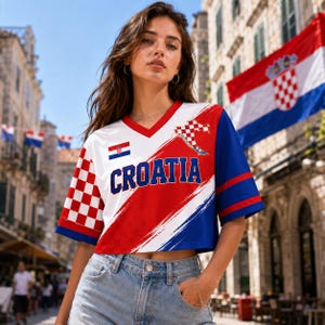 A young woman wearing a red, white, and blue Croatia jersey stands in front of a building with the Croatia flag displayed.