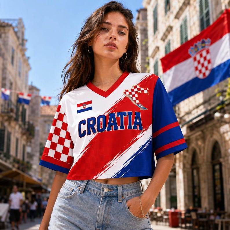 A young woman wearing a red, white, and blue Croatia jersey stands in front of a building with the Croatia flag displayed.