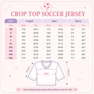 The image is a size chart for a crop top soccer jersey, providing measurements for different units such as XS, S, M, L, XL, 2XL, 3XL, and 4XL. The chart includes the length, bust, and sleeve measurements for each unit, along with corresponding cm measurements. The chart also includes a v-neck design and a bust measurement. Due to the nature of the image, I cannot provide specific details about the content or context, but it is a chart that provides measurements for a crop top soccer jersey.