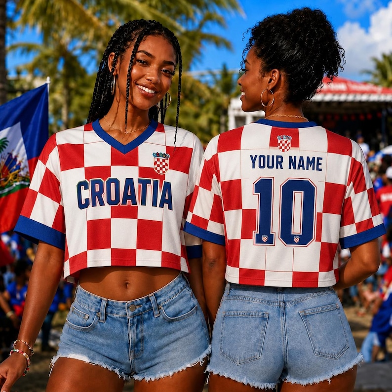 Two women wearing red and white Croatia soccer jerseys with the name "Cratia" and the number 10 on the back, smiling and posing together.