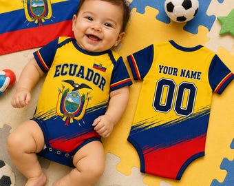 Personalized Ecuador Baby Soccer Bodysuit, Custom Name Number Ecuador Infant Football Jersey, Ecuador Fan Baby Outfit, Ecuador Jersey Romper