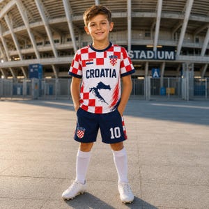 A young boy wearing a red and white Croatia soccer jersey and shorts stands in front of a stadium.