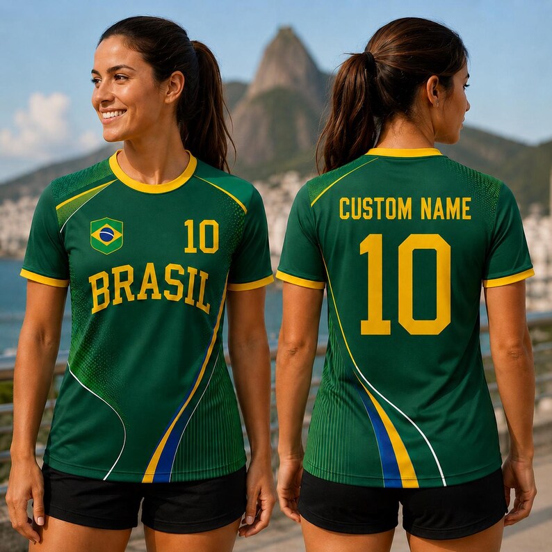 A woman wearing a green and yellow soccer jersey with the number 10, standing in front of a scenic background with mountains and a body of water.