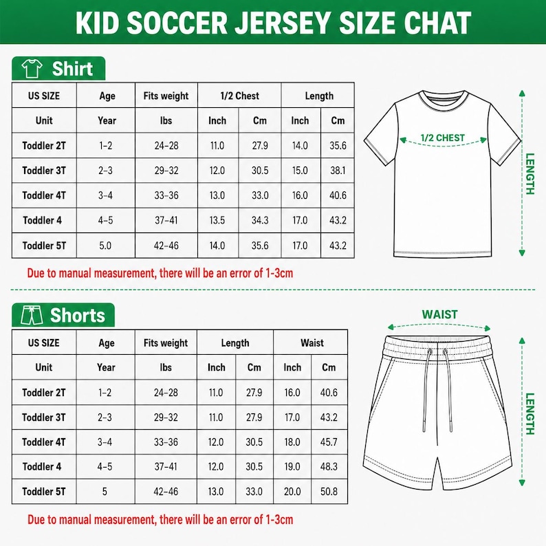 The image is a size chart for a child's soccer jersey and shorts, providing measurements and corresponding unit sizes for different age groups.