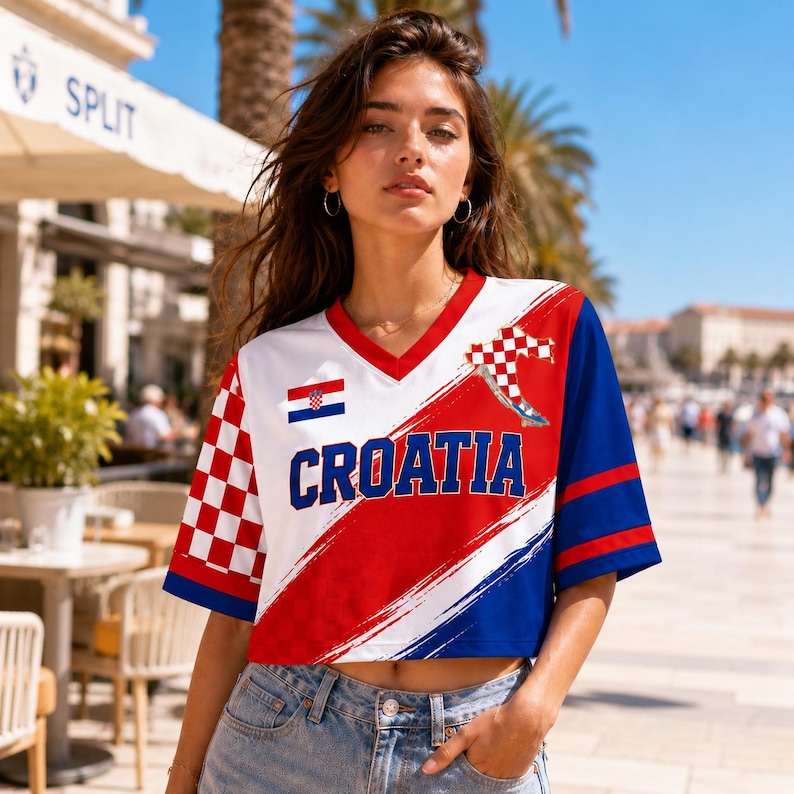 A young woman wearing a red, white, and blue Croatia jersey stands in front of a building with a "SPLIT" sign.