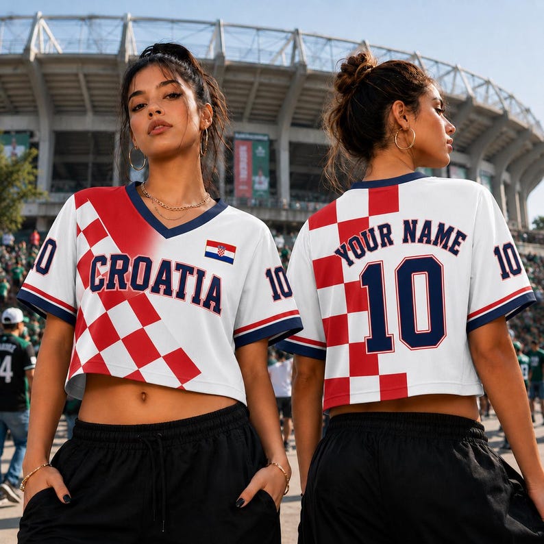 A woman wearing a red and white Croatia soccer jersey with the number 10, standing in front of a stadium.