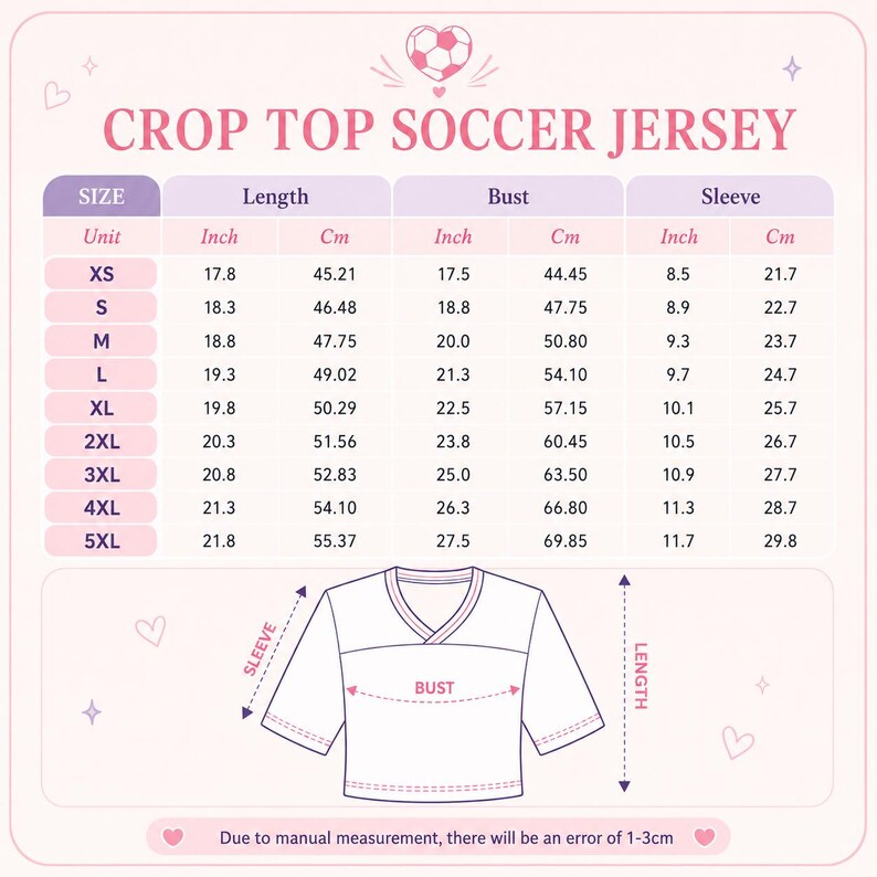 The image is a size chart for a crop top soccer jersey, providing measurements for different units such as XS, S, M, L, XL, 2XL, 3XL, and 4XL. The chart includes the length, bust, and sleeve measurements for each unit, along with corresponding cm measurements. The chart also includes a v-neck design and a bust measurement. Due to the nature of the image, I cannot provide specific details about the content or context, but it is a chart that provides measurements for a crop top soccer jersey.