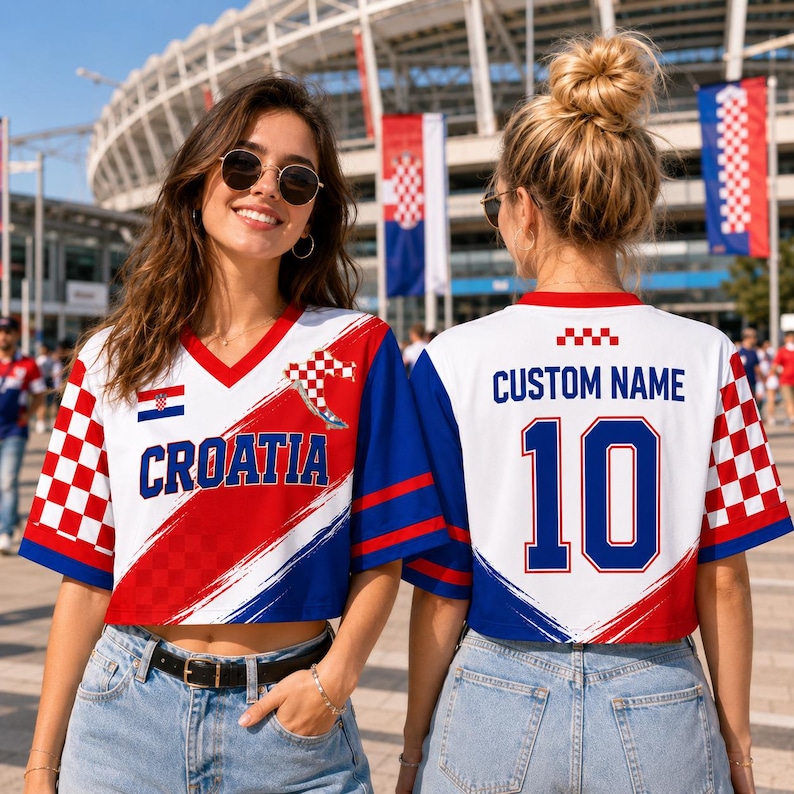 Two women wearing Croatia national team jerseys with custom names and numbers, standing in front of a stadium.