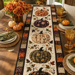 May include: A rectangular quilted table runner featuring a central cream-colored panel with five appliqued fabric pumpkins in various floral and autumn-toned patterns, bordered by a patchwork frame of small squares in orange, brown, and black.
