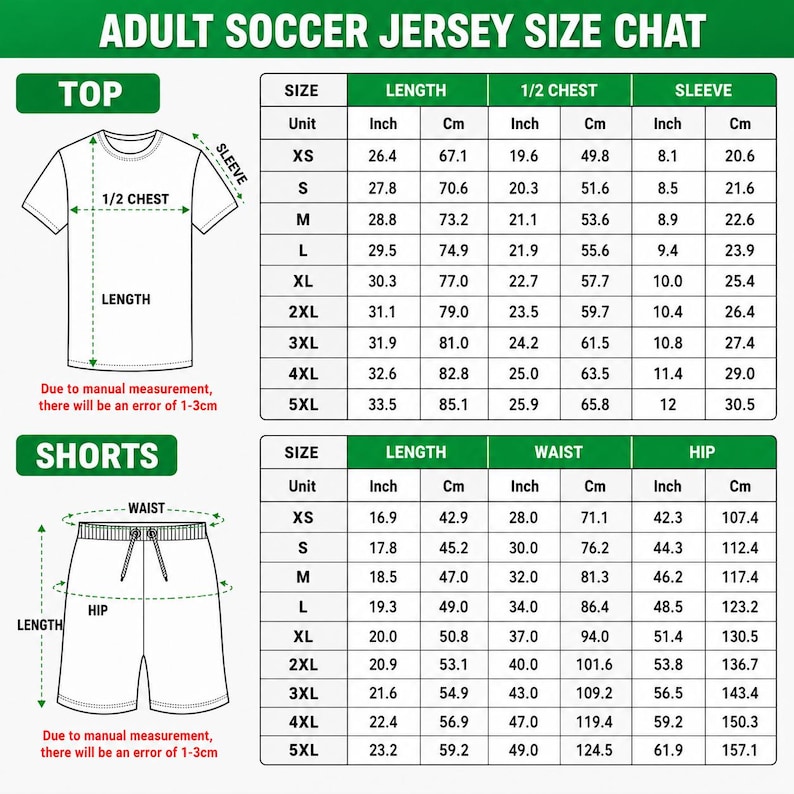The image is a detailed size chart for an adult soccer jersey, providing measurements for different sizes such as top, size, length, chest, sleeve, and shorts. The chart includes both numerical and textual information, allowing for accurate measurements and easy comparison of sizes. Due to the nature of the image, I cannot provide specific details about the content or context, but it is a standard size chart for soccer jerseys.