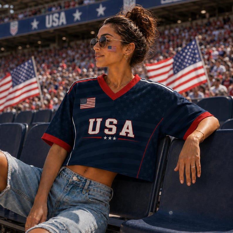A woman wearing a USA jersey and sunglasses is sitting in a stadium, with American flags visible in the background.