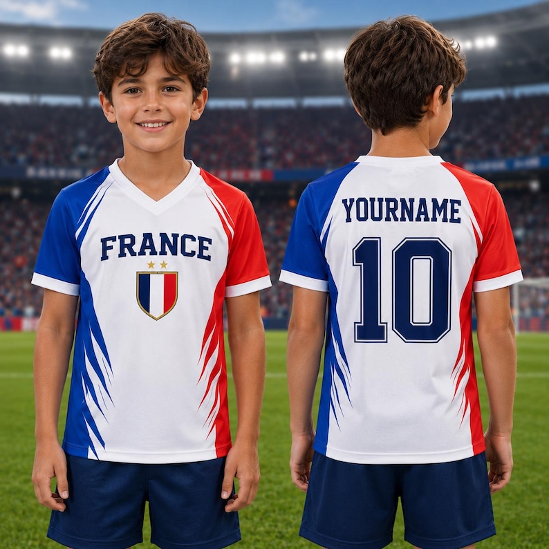 A young boy wearing a red, white, and blue soccer jersey with the word "FRANCE" and the number 10 on the back.