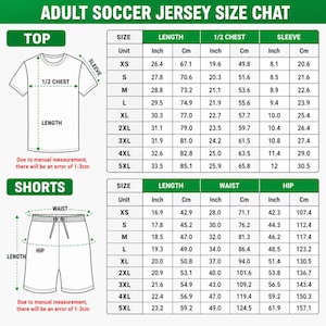 The image is a detailed size chart for an adult soccer jersey, providing measurements for different sizes such as top, size, length, chest, sleeve, and shorts. The chart includes both numerical and textual information, allowing for accurate measurements and easy comparison of sizes. Due to the nature of the image, I cannot provide specific details about the content or context, but it is a standard size chart for soccer jerseys.