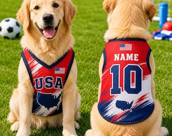 Custom USA Pet Jersey, Personalized Soccer Outfit for Dogs Cats, USA Football Mess Jersey Name Number, Cute Puppy Sportswear Pet Jersey