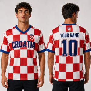 A man wearing a red and white Croatia soccer jersey with the name "YOUR NAME" and the number "10" printed on the back.