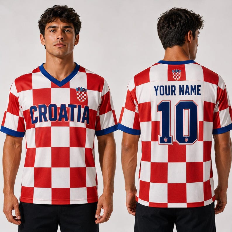 A man wearing a red and white Croatia soccer jersey with the name "YOUR NAME" and the number "10" printed on the back.