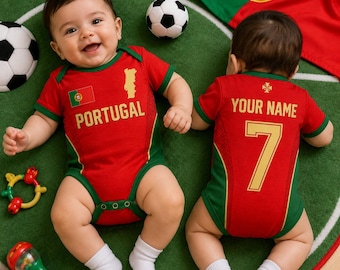 Personalized Portugal Soccer Baby Bodysuit, Portugal Baby Bodysuit Soccer Jersey, Custom Name Number Infant Portugal Jersey for Newborn