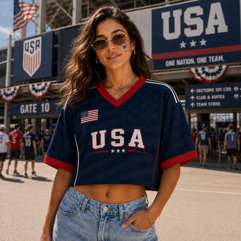 A woman wearing a blue USA jersey stands in front of a large banner that reads "USA" and "ONE NATION, ONE TEAM."