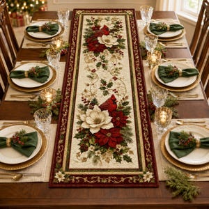 May include: A rectangular table runner featuring a cream-colored center with a repeating pattern of red cardinals, white magnolia flowers, red poinsettias, and green holly leaves, bordered by a dark red frame with gold scrollwork accents.