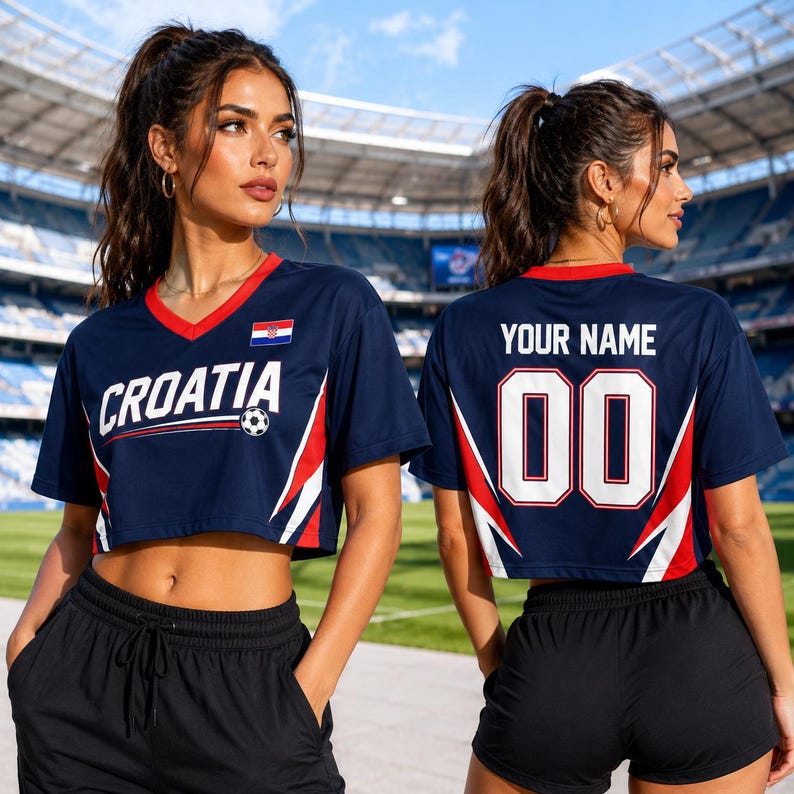 A woman wearing a Croatia soccer jersey with the name "Cristiano" and the number "00" on the back, standing in front of a stadium.