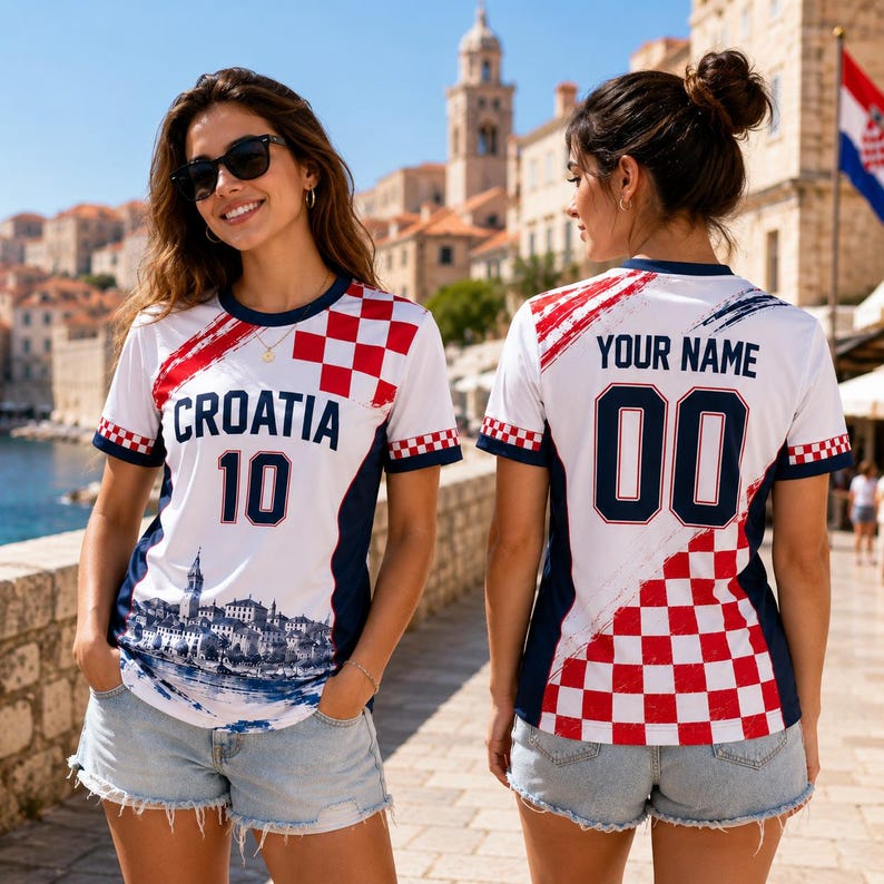 A woman wearing a Croatia soccer jersey with the number 10 and the custom text "YOUR NAME 00" on the back, standing in front of a cityscape with a clock tower.