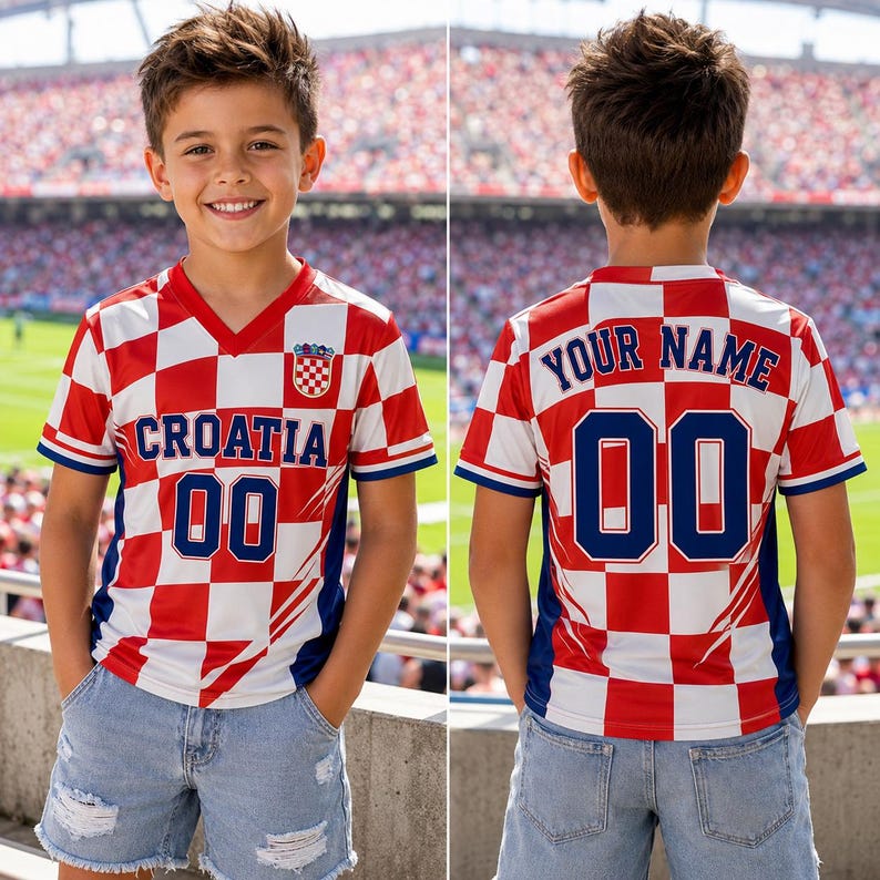 A young boy wearing a red and white Croatia soccer jersey with the number 00, standing in front of a stadium filled with spectators.