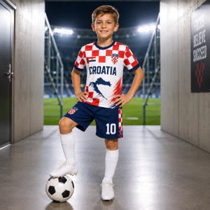 A young boy in a red and white Croatia soccer jersey stands confidently on a soccer ball in a stadium, with a "Believe in yourself" sign visible in the background.