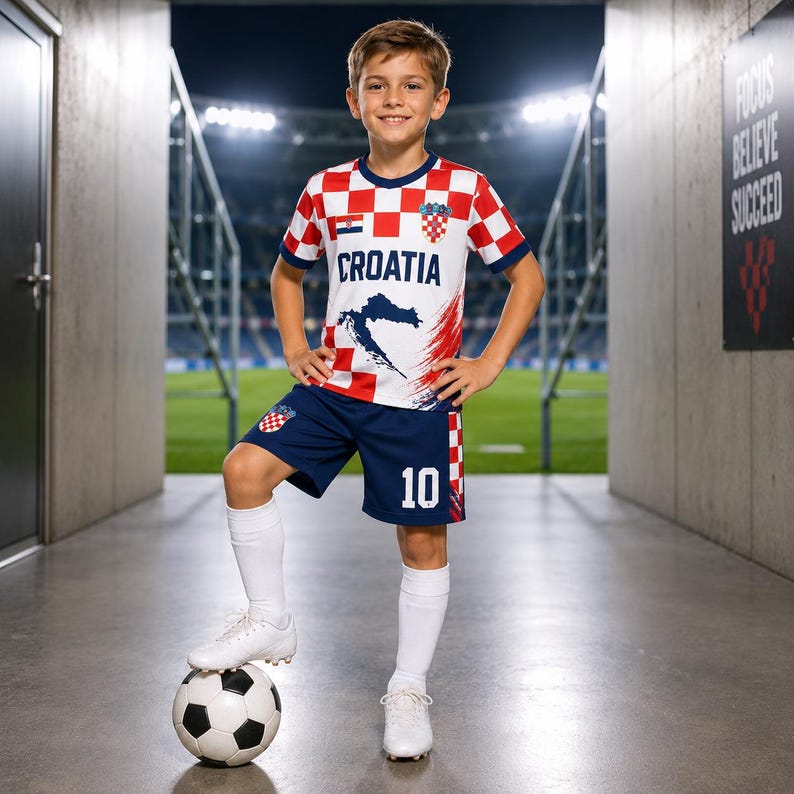 A young boy in a red and white Croatia soccer jersey stands confidently on a soccer ball in a stadium, with a "Believe in yourself" sign visible in the background.