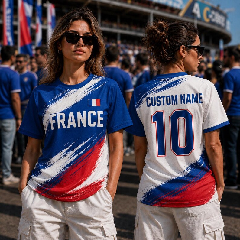 A woman wearing a blue and red sports jersey with the word "France" on it, standing in front of a crowd of people.