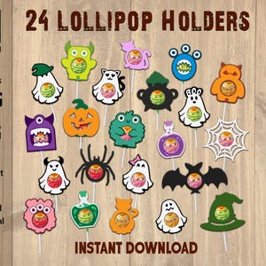Könnte beinhalten: Ein Bild mit 24 Lollipop-Haltern in verschiedenen Halloween-Formen, darunter Geister, Fledermäuse und Kürbisse. Der Text lautet "24 Lollipop Holders" und "Instant Download". Die Lollipop-Halter sind als PNG- und SVG-Dateien verfügbar.