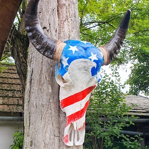 Teschio di bufalo a tema USA con aquila incisa e sfondo dipinto con la bandiera americana.