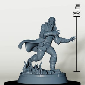 May include: A gray figurine of a man in a long coat, running over flames. The figure is 35 mm tall, with details like a beard and flowing coat. The base is black.