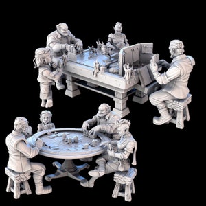 Peut inclure: Un groupe de personnages fantastiques jouant à un jeu de cartes autour d'une table en bois. Les personnages sont vêtus de vêtements médiévaux et ont des expressions faciales variées. La table est décorée de bougies et d'autres détails.