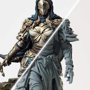 Peut inclure: Une figurine fantastique de chevalier portant une armure ornée dorée et bleue avec une cape à capuche. La figurine est divisée en diagonale, montrant une version peinte à gauche et une version en résine grise non peinte à droite, révélant les détails.