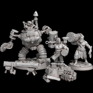Peut inclure: Ensemble de figurines miniatures grises détaillées représentant des personnages fantastiques et un robot steampunk. Les figurines incluent un bûcheron, un guerrier avec une hache et un robot avec une scie circulaire. La scène comprend des bûches, des haches et un petit feu.