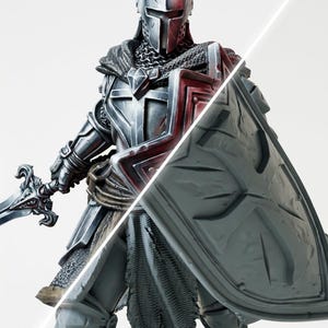 May include: A miniature knight figurine featuring a split visual effect. The left side is painted in metallic silver with red accents on the shield and sword, while the right side remains in an unpainted grey resin finish with a large shield.
