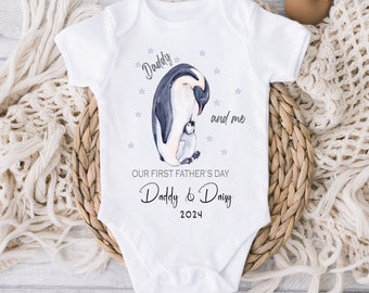 Happy Fathers Day Baby Vest Grow, Personalised Penguin Our First Fathers Day Onesie, Fathers Day Baby Gift, First Father's Day Babygrow Gift