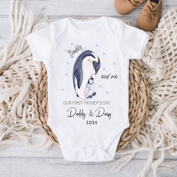 Happy Fathers Day Baby Vest Grow, Personalised Penguin Our First Fathers Day Onesie, Fathers Day Baby Gift, First Father's Day Babygrow Gift