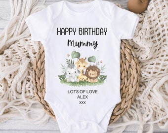 Happy Birthday Mummy Safari Baby Outfit, Happy Birthday Daddy/Nanny/Grandad Baby Grow, Happy Birthday Mummy Baby Vest, First Birthday Mummy